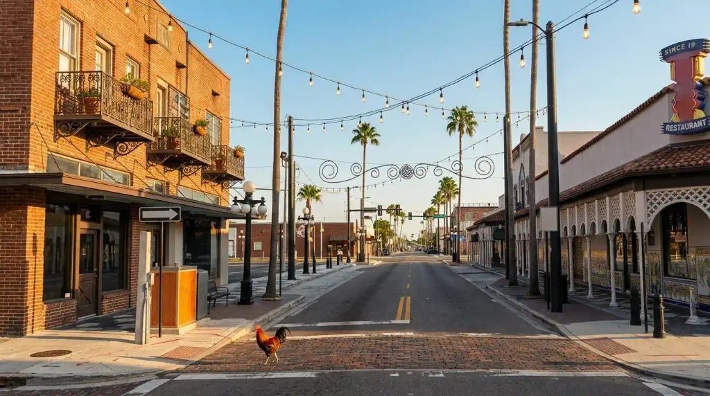 Historic brick buildings and a wild rooster on 7th Avenue in Ybor City Tampa