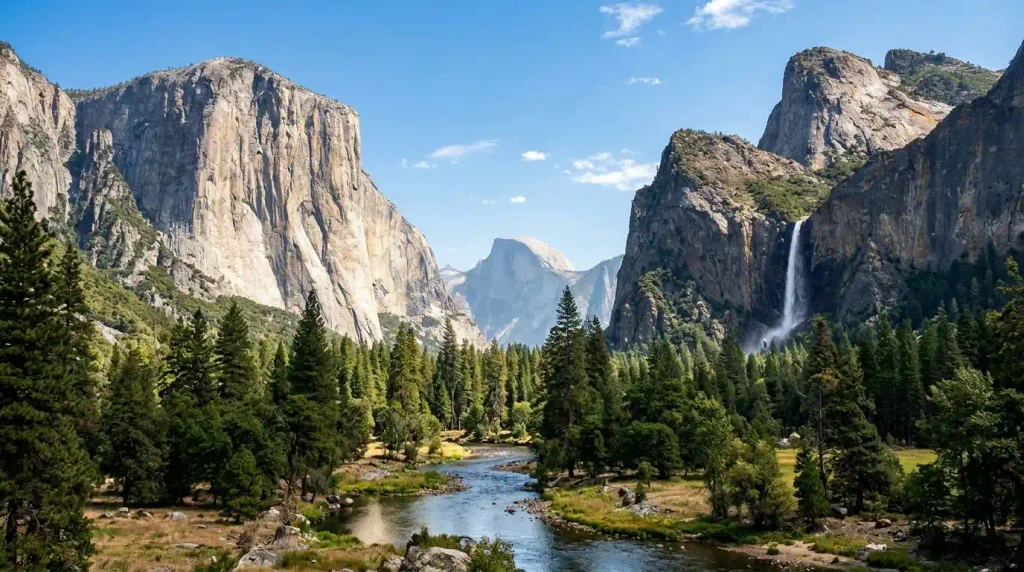Yosemite Valley view with granite cliffs and waterfalls in California national park