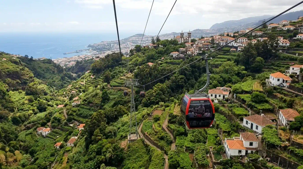 Funchal cable car climbing toward Monte gardens