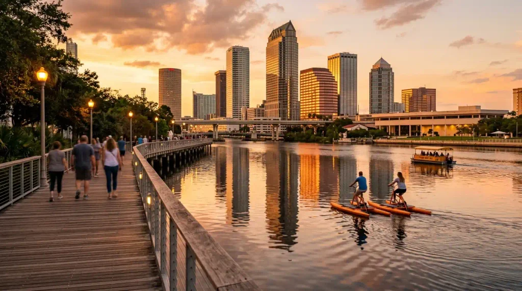 Tampa Riverwalk at golden hour with downtown skyline reflected in the Hillsborough River