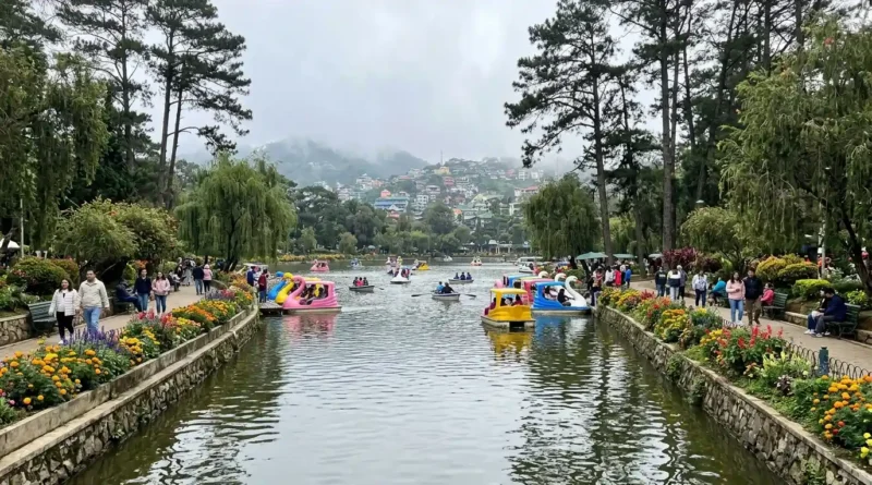 Burnham Park lagoon and gardens in central Baguio with pine trees