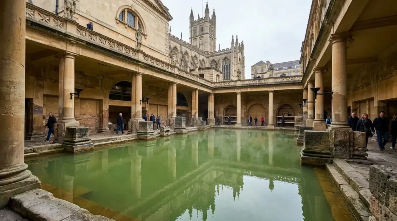 Roman Baths complex in Bath with ancient ruins and thermal water under stone arches