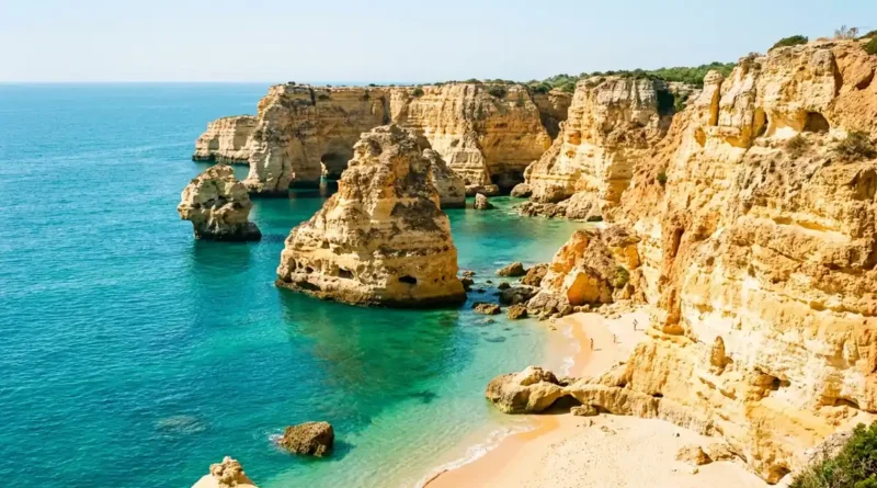 Beach in Portugal with golden Algarve cliffs