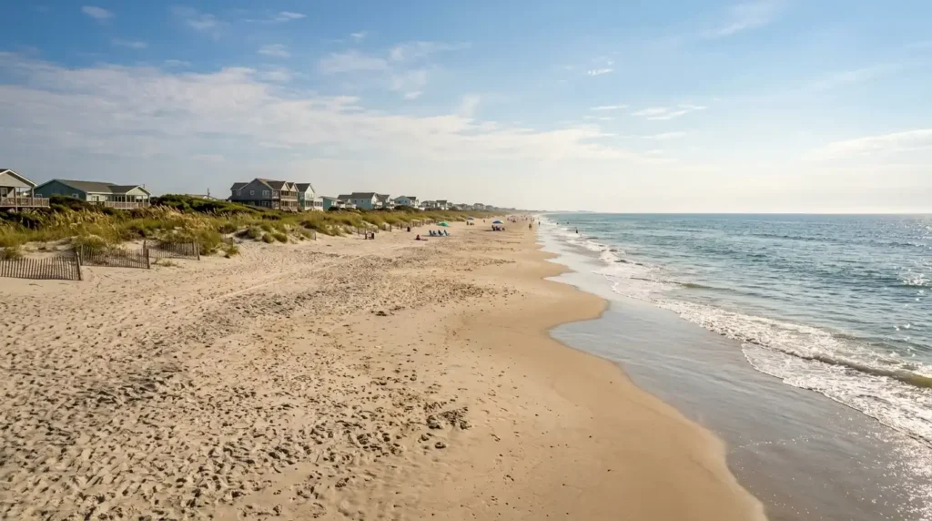 Beach town North Carolina showing wide sand and calm water at Emerald Isle