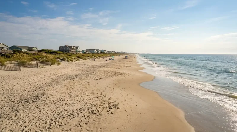 Beach town North Carolina showing wide sand and calm water at Emerald Isle