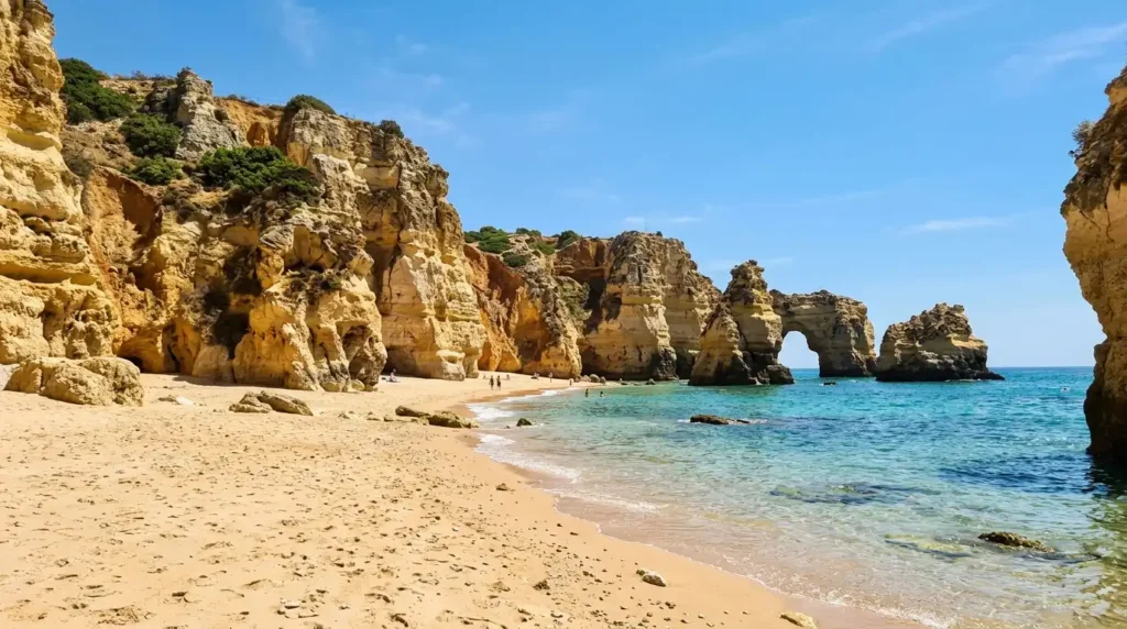 Beaches in Algarve showing limestone cliffs and clear water at Praia da Marinha