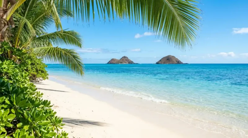 Calm turquoise water and white sand at Lanikai Beach Oahu with Mokulua Islands in view