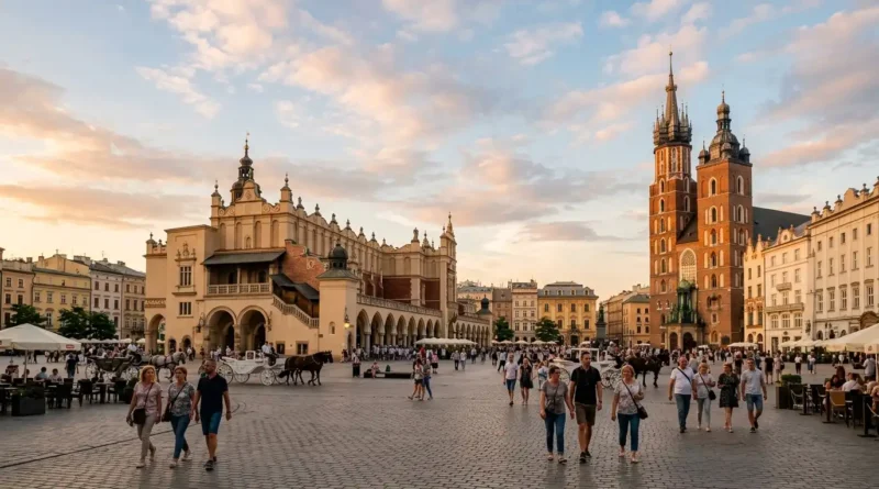 Rynek Główny in Kraków with the Cloth Hall and St. Mary's Basilica at golden hour, a top place to visit in Poland