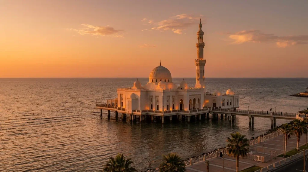 Al Rahma Floating Mosque at sunset on the Jeddah Corniche