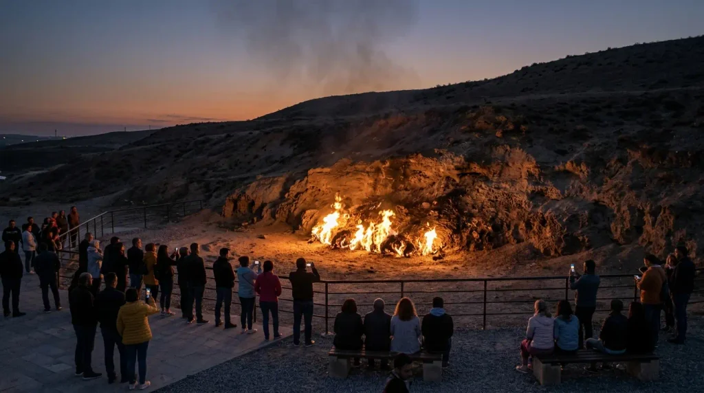 Yanar Dag natural gas flame on a hillside near Baku