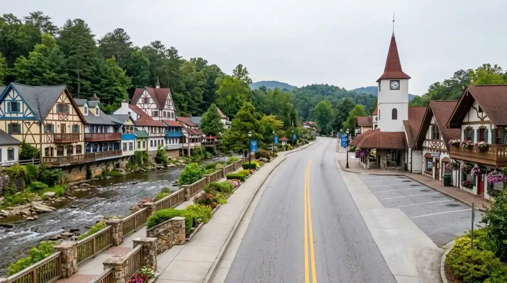 Bavarian-style buildings along the river in downtown Helen Georgia