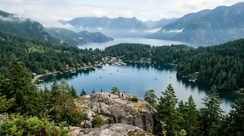 Viewpoint at Quarry Rock overlooking Deep Cove and mountains near Vancouver
