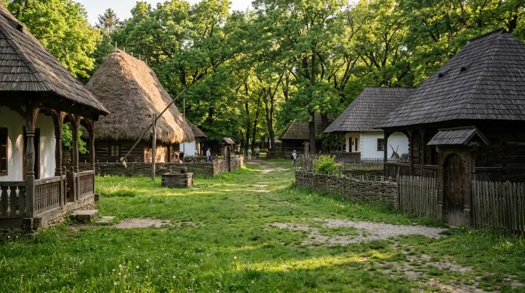 Wooden houses at the Village Museum in Bucharest