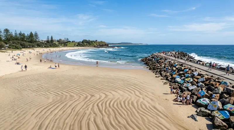 Town Beach Port Macquarie with sand waves and visitors near the breakwall