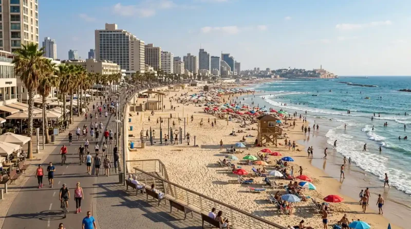 Gordon Beach Tel Aviv with sandy shore promenade and Mediterranean sea