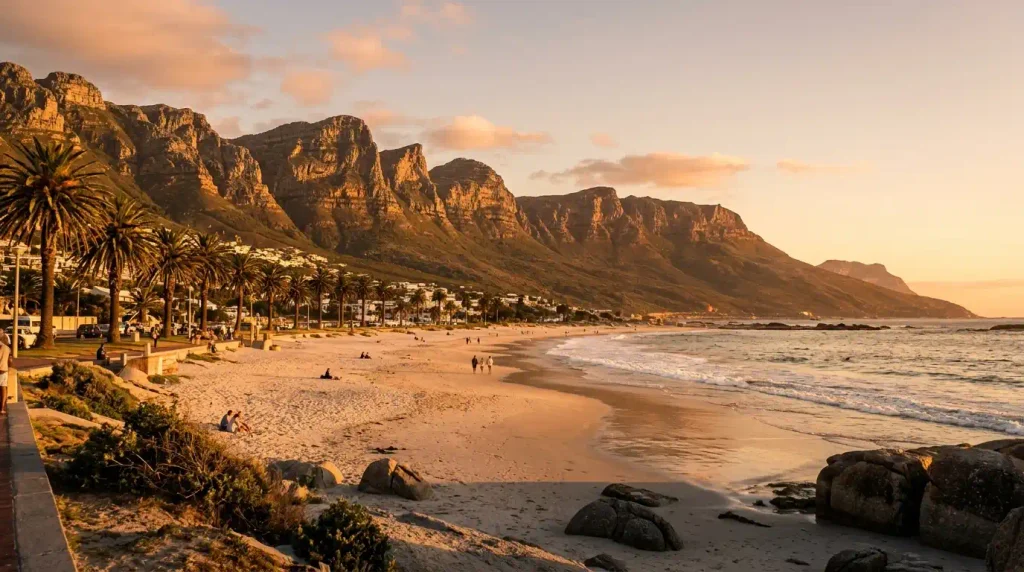 Camps Bay beach at sunset with Twelve Apostles