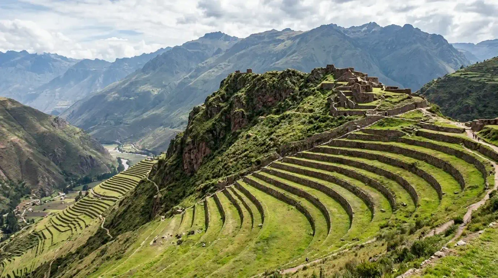 Terraced hillsides of the Sacred Valley near Pisac with Andean mountains behind
