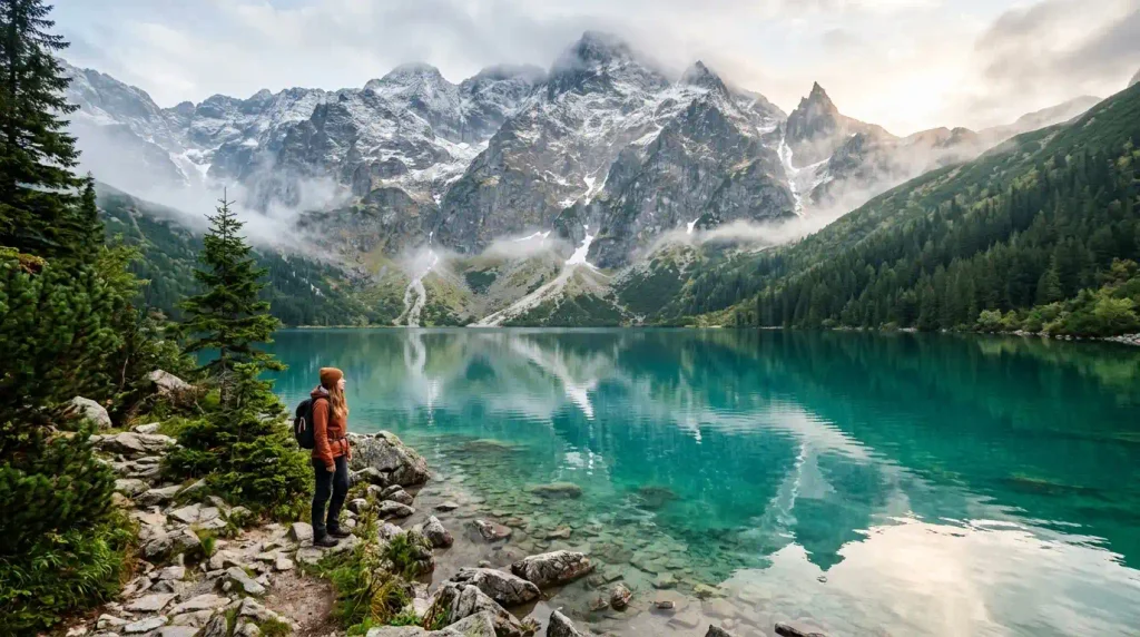 Hiker beside Morskie Oko lake in the Tatra Mountains near Zakopane, one of the best outdoor things to do in Poland