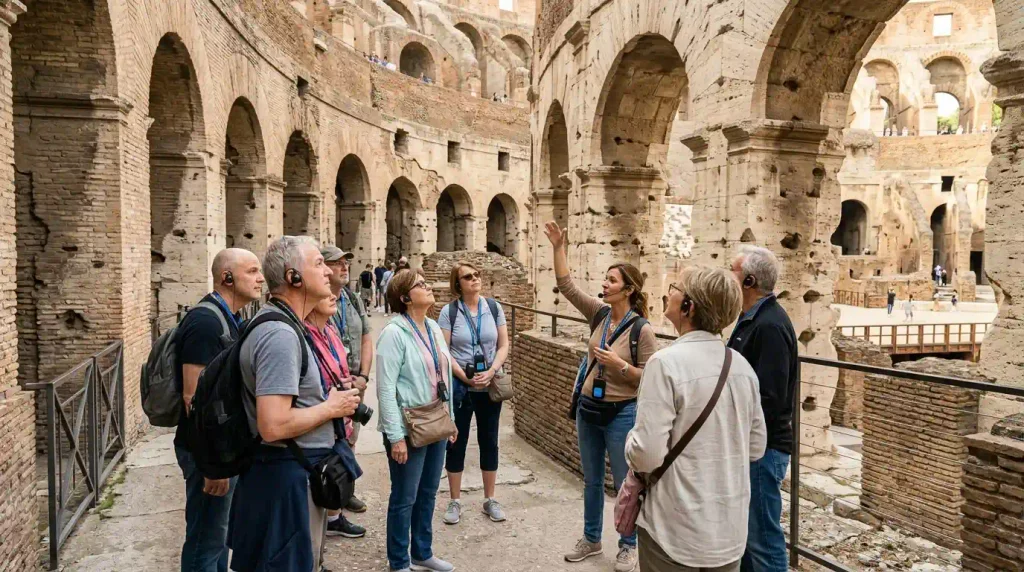 Guided group on a Rome Coliseum tour with headsets