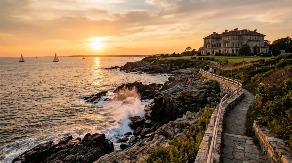 Cliff Walk in Newport Rhode Island with ocean views and a Gilded Age mansion at sunset