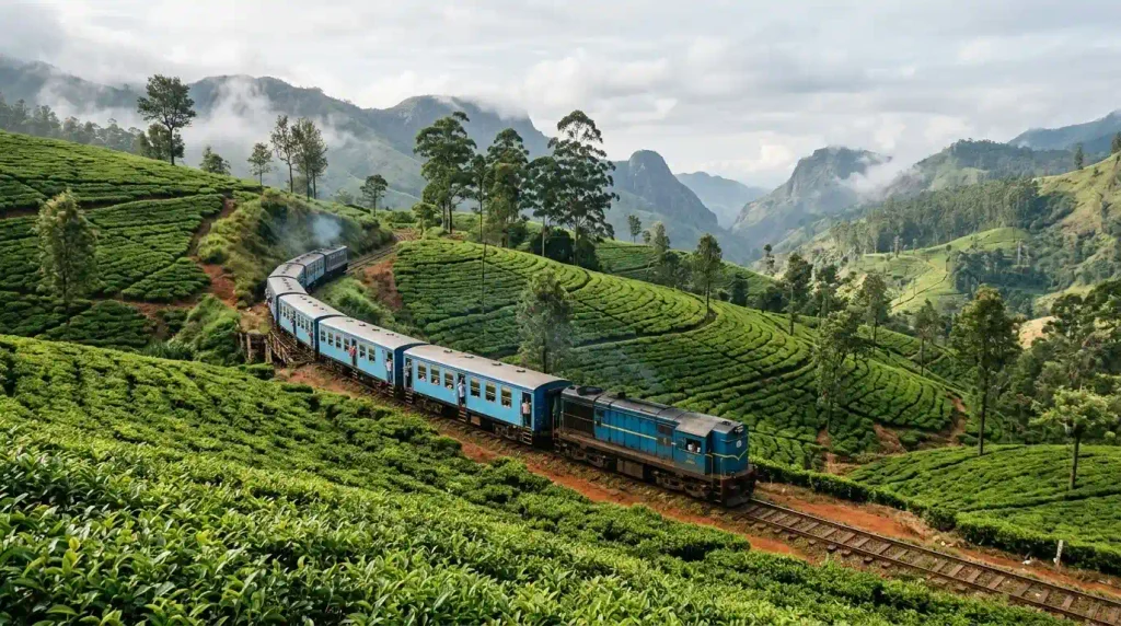 Scenic train ride from Kandy to Ella through tea hills