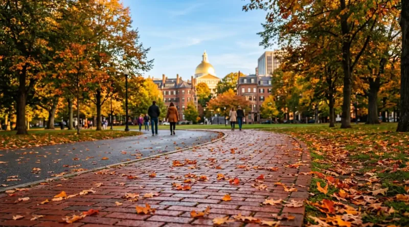 Red brick Freedom Trail path through Boston Common in autumn, a must see place in New England for first timers