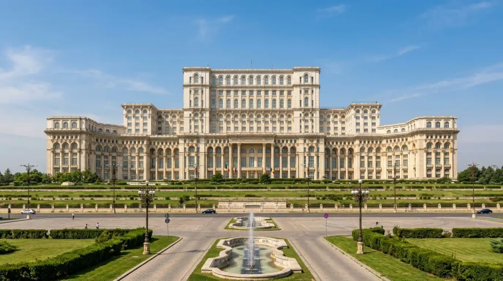 Palace of the Parliament facade in Bucharest from Unirii