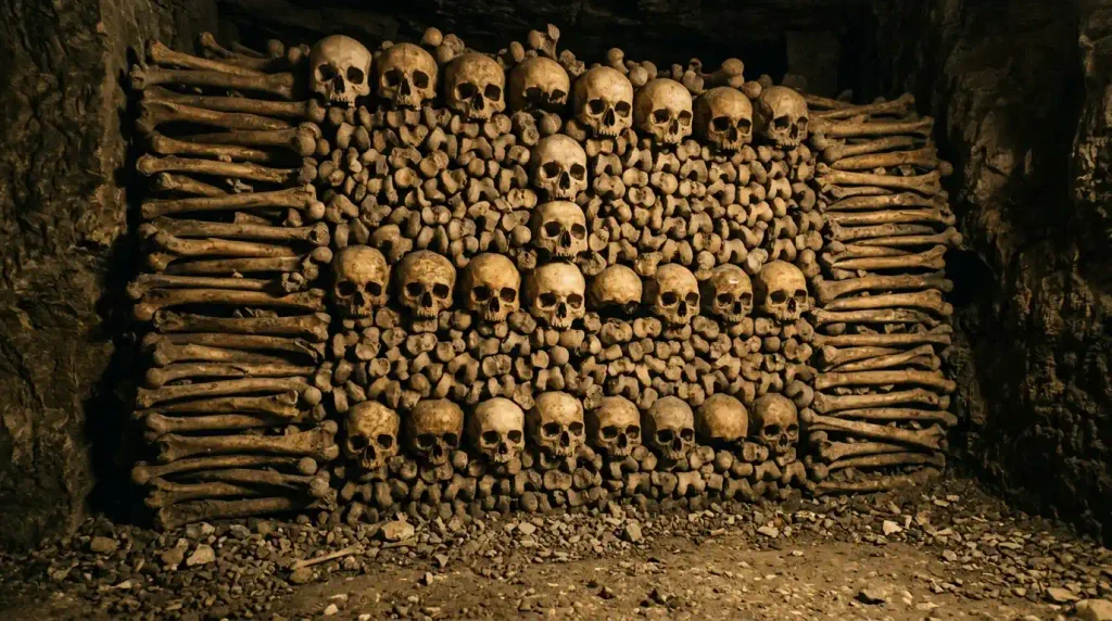 Bone arrangements seen on the catacomb paris tour underground route