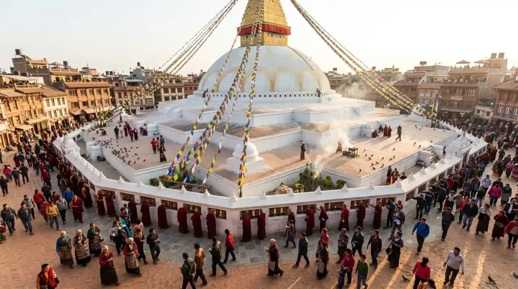 Boudhanath stupa in Kathmandu at dusk