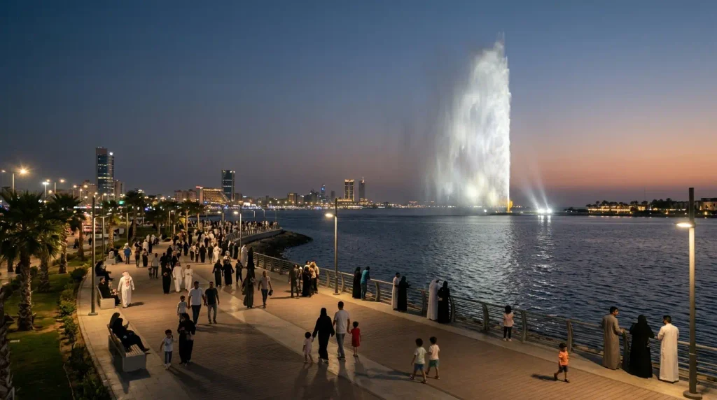 King Fahd Fountain at night on the Jeddah Corniche