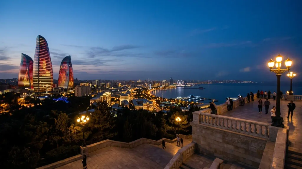 Flame Towers light show viewed from Highland Park in Baku